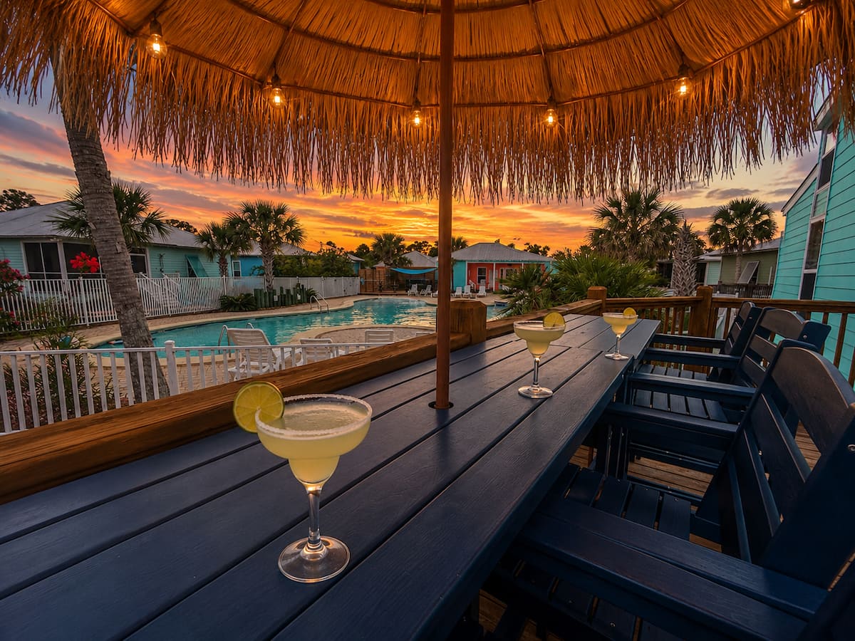 Sunset cocktails on the deck at Sandy Blessings, overlooking the pool